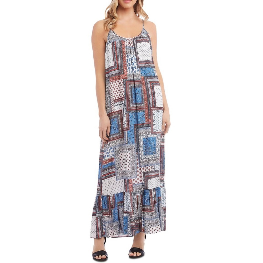 NWT KAREN KANE Redrock ruffle hem patchwork long dress caftan beach blue